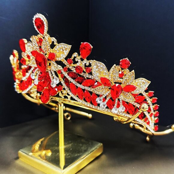 Flower Crystal Crown, Victorian royalty crown, Ruby red tiara, Quinceanera crown main image 6